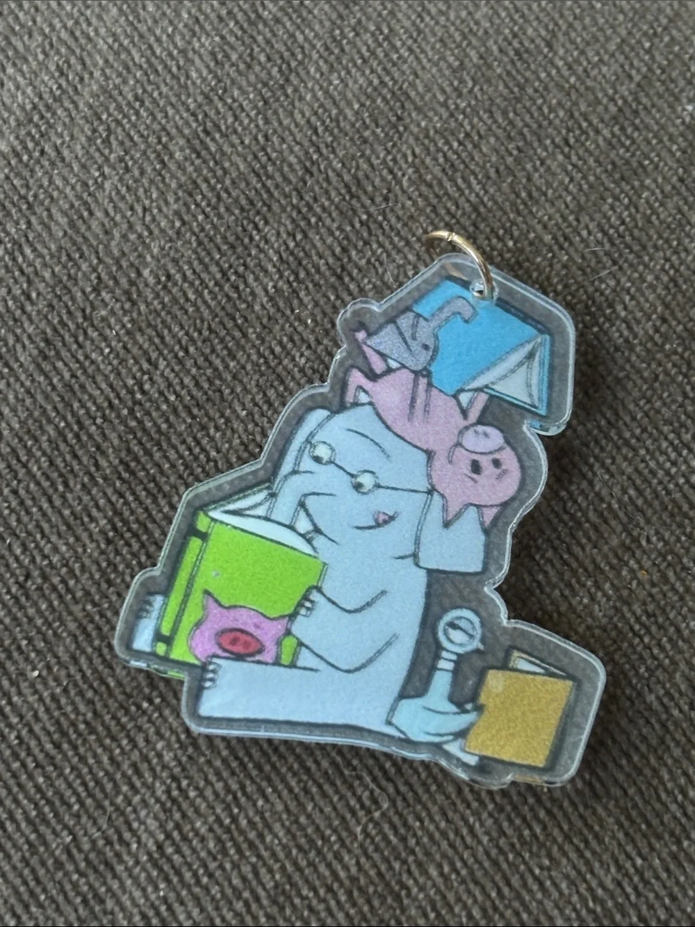 Kids Elephant & Piggie Piggy with Pigeon Reading Charm Pendant - Gray Grey Pink